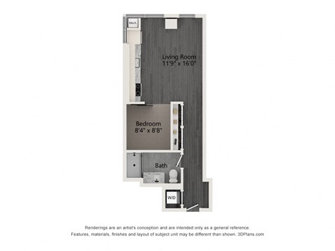 Floor plan for studio, 1 bath, 562 sqft
